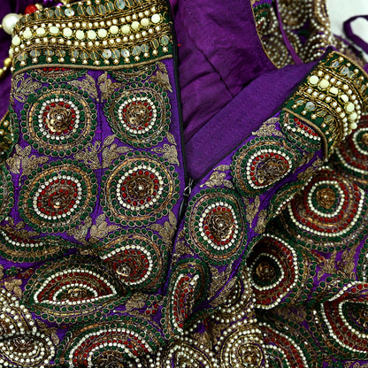 Indian New Heavy Purple & Red Colored Pure Chanderi Silk/Net Hand Embroidered Lehenga 3pcs Set By Designer Sabyasachi Bridal Wear