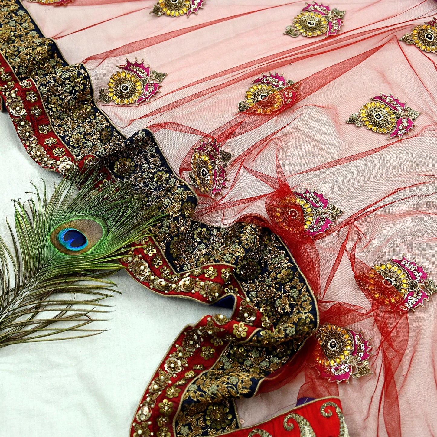 Indian Vintage Heavy Wedding Dupatta Red Net Long Stole Hand Embroidered By Designer Sabyasachi Scarves Zardozi Bridal Veil