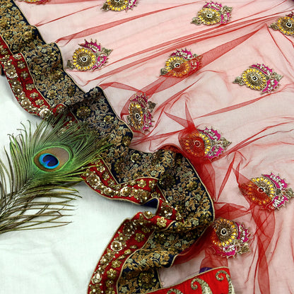Indian Vintage Heavy Wedding Dupatta Red Net Long Stole Hand Embroidered By Designer Sabyasachi Scarves Zardozi Bridal Veil