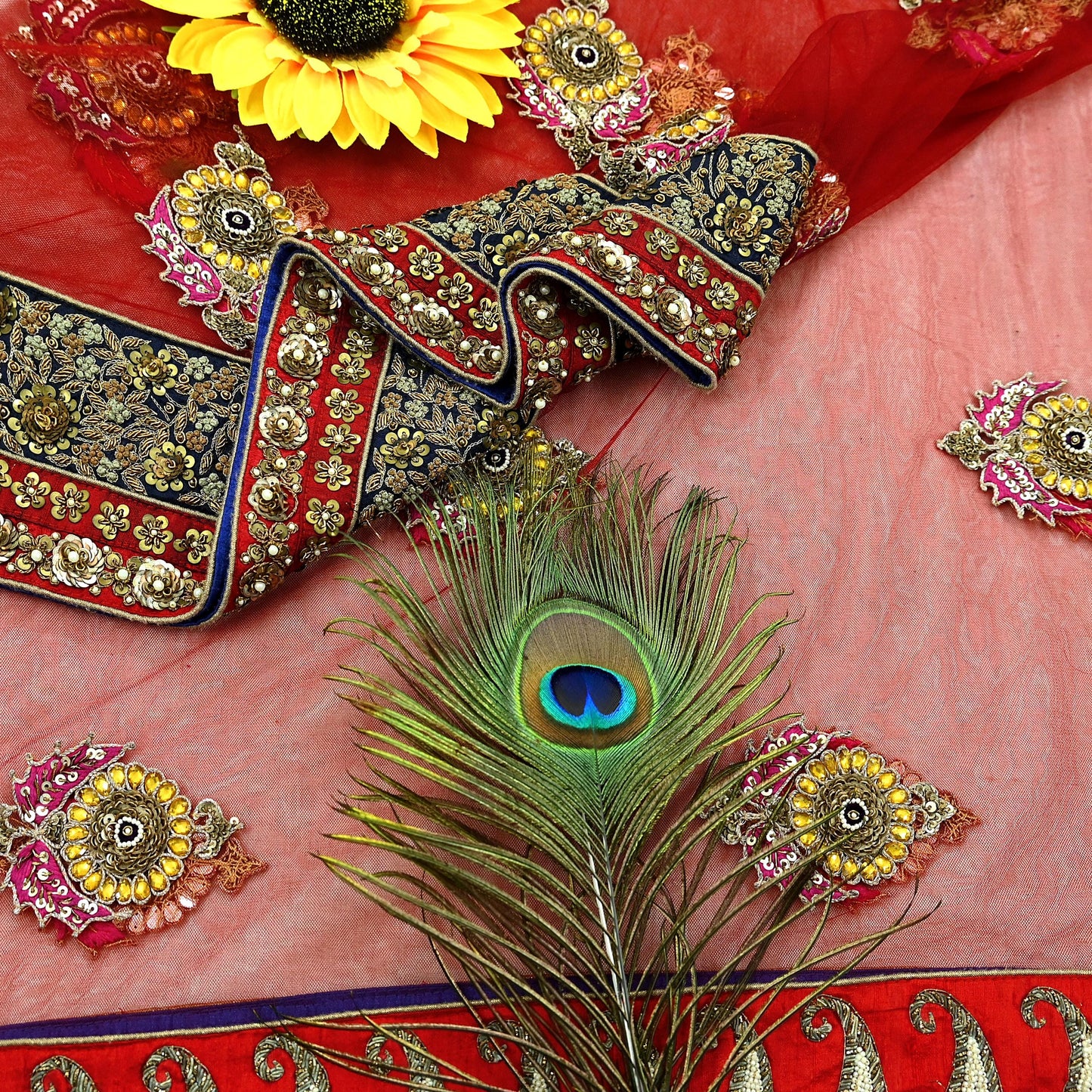 Indian Vintage Heavy Wedding Dupatta Red Net Long Stole Hand Embroidered By Designer Sabyasachi Scarves Zardozi Bridal Veil