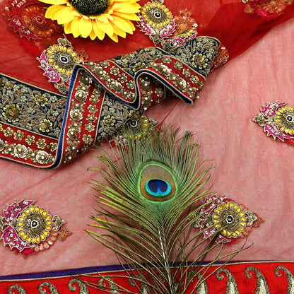 Indian Vintage Heavy Wedding Dupatta Red Net Long Stole Hand Embroidered By Designer Sabyasachi Scarves Zardozi Bridal Veil