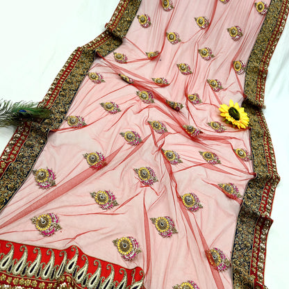 Indian Vintage Heavy Wedding Dupatta Red Net Long Stole Hand Embroidered By Designer Sabyasachi Scarves Zardozi Bridal Veil