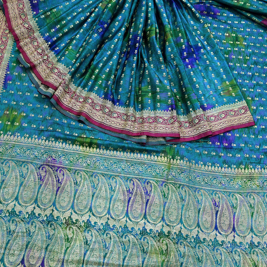 Indian Vintage Heavy Blue Sari Pure Silk Blue Woven Brocade Sarees 5Yd Craft Fabric Floral Ethnic Zari Dress making Pre-owned Wedding sari