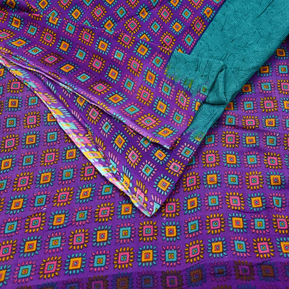 Indian Vintage Sari Purple & Green Pure Cotton Printed Saree 5Yd Craft Fabric Sewing Sarong Wrap Boho Floral Quilting crafting dressmaking