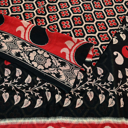 Indian Vintage Sari Red & Black Printed 100% Pure Cotton Sarees Craft Fabric 5Yard Sewing Sarong Wrap Boho Floral Dress making Quilting Soft