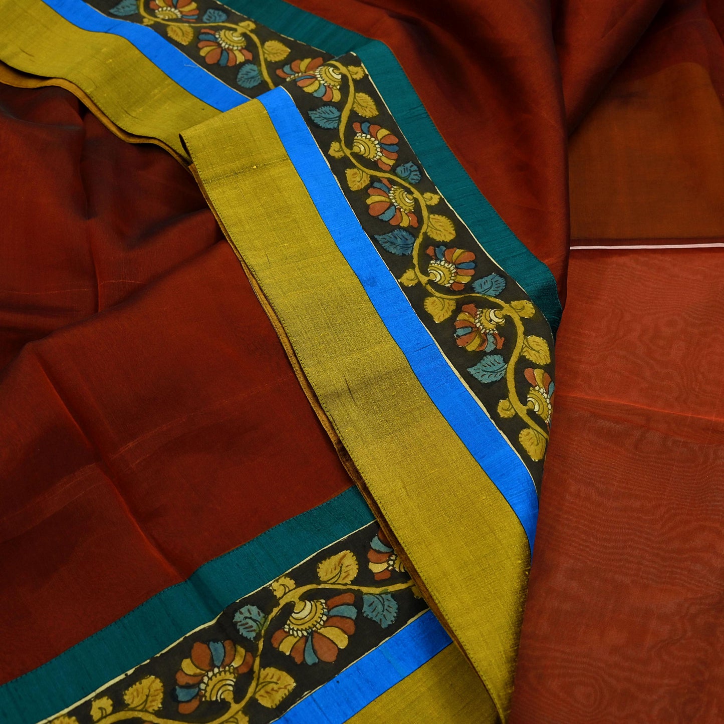 Indian Vintage Sarees Pure Organza Silk Kalamkari Sari 5yd Ethnic Craft Fabric Dress making Upcycle Crafting Quilting