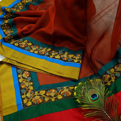 Indian Vintage Sarees Pure Organza Silk Kalamkari Sari 5yd Ethnic Craft Fabric Dress making Upcycle Crafting Quilting