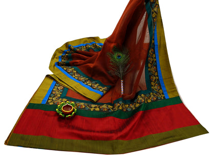 Indian Vintage Sarees Pure Organza Silk Kalamkari Sari 5yd Ethnic Craft Fabric Dress making Upcycle Crafting Quilting