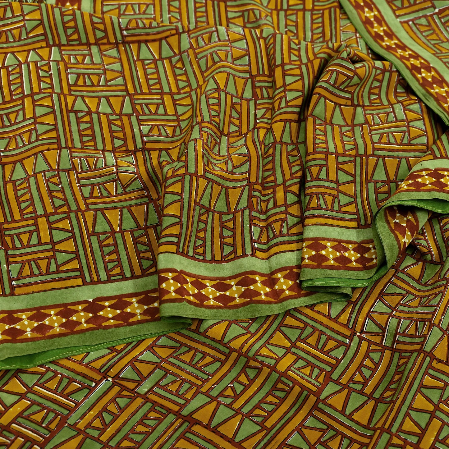 Indian Vintage Sari Green & Saffron Pure Crepe Silk Printed Sarees 5yd Sewing Floral Soft Craft Fabric Wrap Dress Making Crafting Quilting