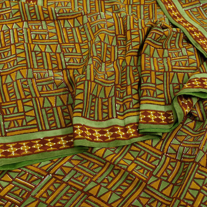 Indian Vintage Sari Green & Saffron Pure Crepe Silk Printed Sarees 5yd Sewing Floral Soft Craft Fabric Wrap Dress Making Crafting Quilting