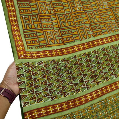 Indian Vintage Sari Green & Saffron Pure Crepe Silk Printed Sarees 5yd Sewing Floral Soft Craft Fabric Wrap Dress Making Crafting Quilting