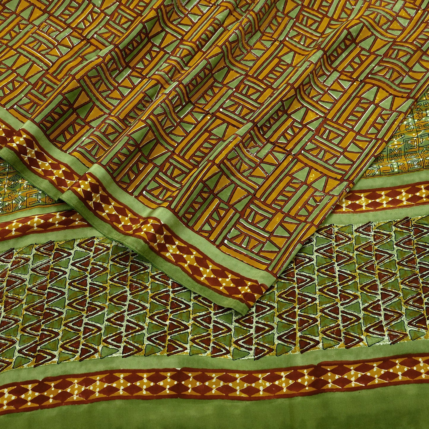 Indian Vintage Sari Green & Saffron Pure Crepe Silk Printed Sarees 5yd Sewing Floral Soft Craft Fabric Wrap Dress Making Crafting Quilting