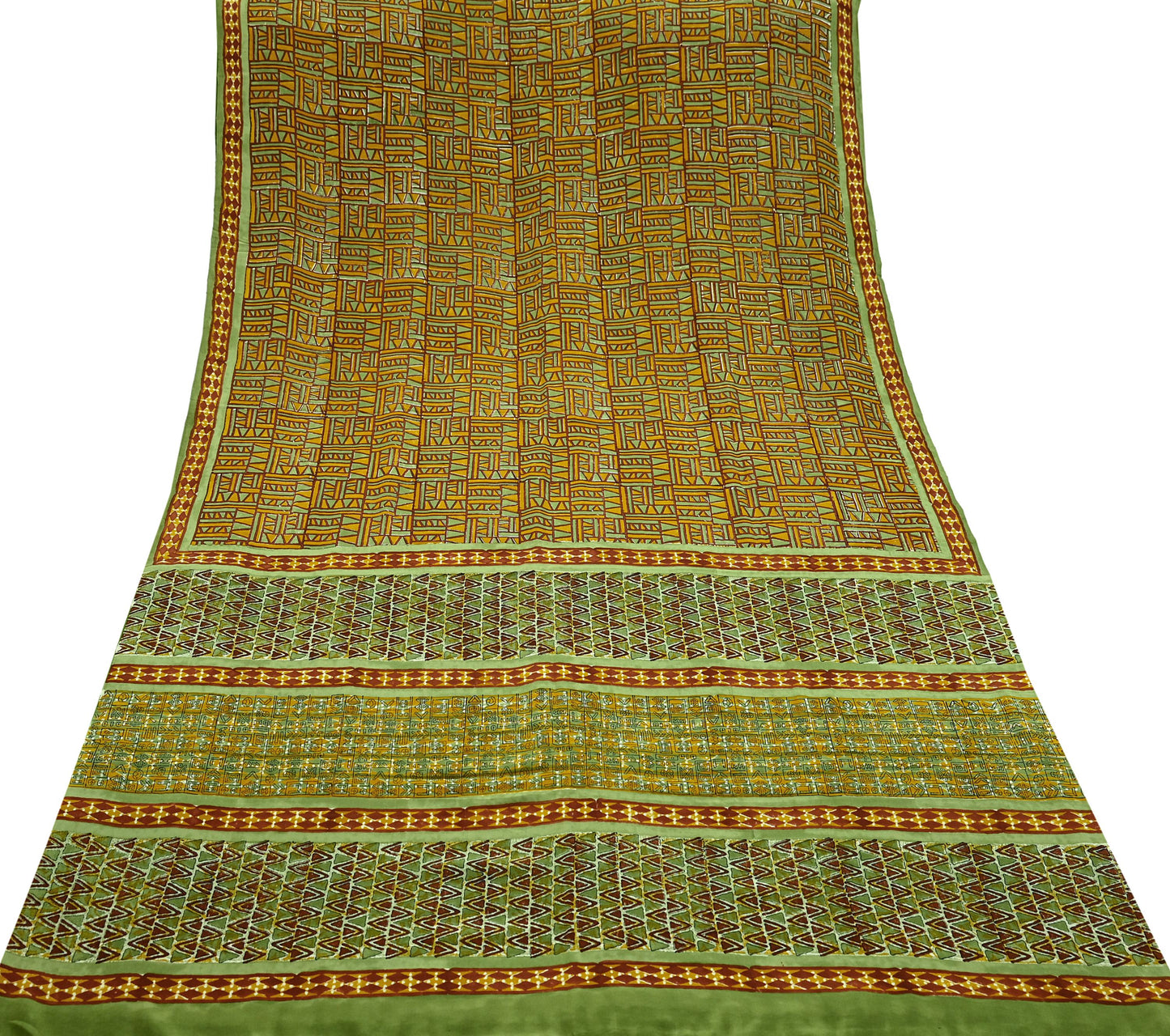 Indian Vintage Sari Green & Saffron Pure Crepe Silk Printed Sarees 5yd Sewing Floral Soft Craft Fabric Wrap Dress Making Crafting Quilting