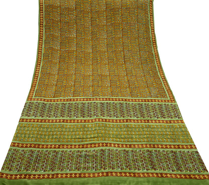 Indian Vintage Sari Green & Saffron Pure Crepe Silk Printed Sarees 5yd Sewing Floral Soft Craft Fabric Wrap Dress Making Crafting Quilting
