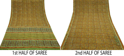 Indian Vintage Sari Green & Saffron Pure Crepe Silk Printed Sarees 5yd Sewing Floral Soft Craft Fabric Wrap Dress Making Crafting Quilting