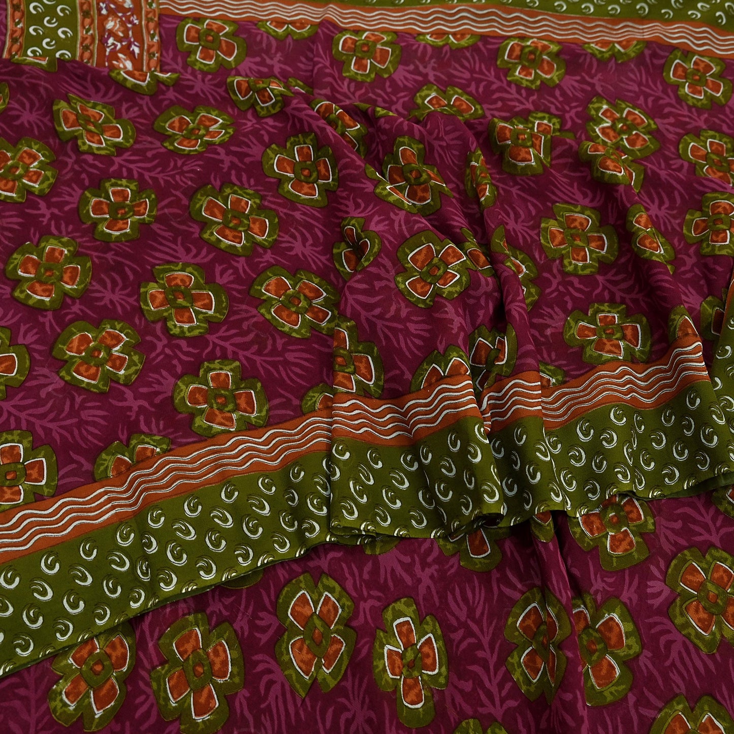 Women Vintage Sari Green & Pink Pure Georgette Silk Printed Saree Craft Fabric Sewing 5Yd Soft Light Dress Making Floral Quilting Upcycle