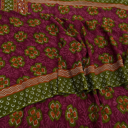 Women Vintage Sari Green & Pink Pure Georgette Silk Printed Saree Craft Fabric Sewing 5Yd Soft Light Dress Making Floral Quilting Upcycle