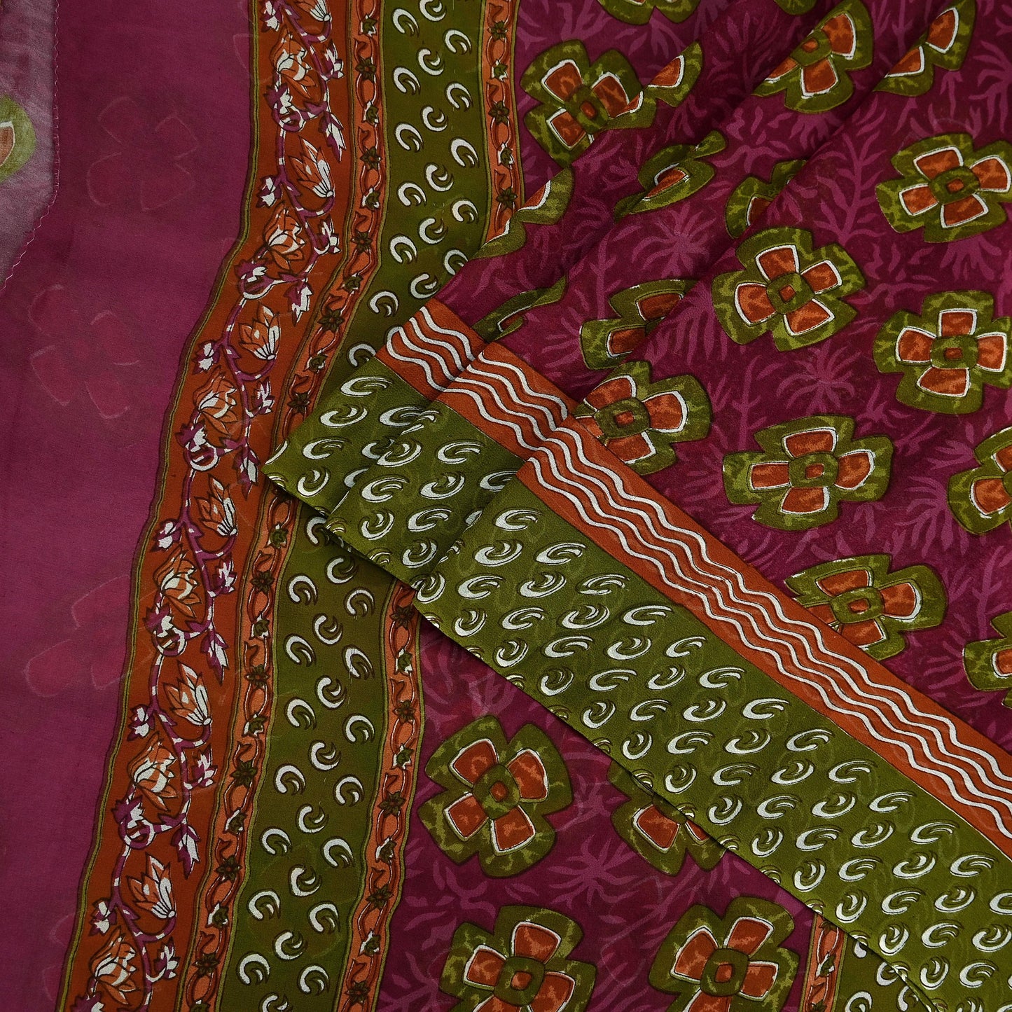 Women Vintage Sari Green & Pink Pure Georgette Silk Printed Saree Craft Fabric Sewing 5Yd Soft Light Dress Making Floral Quilting Upcycle