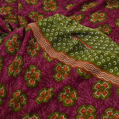 Women Vintage Sari Green & Pink Pure Georgette Silk Printed Saree Craft Fabric Sewing 5Yd Soft Light Dress Making Floral Quilting Upcycle