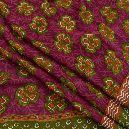 Women Vintage Sari Green & Pink Pure Georgette Silk Printed Saree Craft Fabric Sewing 5Yd Soft Light Dress Making Floral Quilting Upcycle