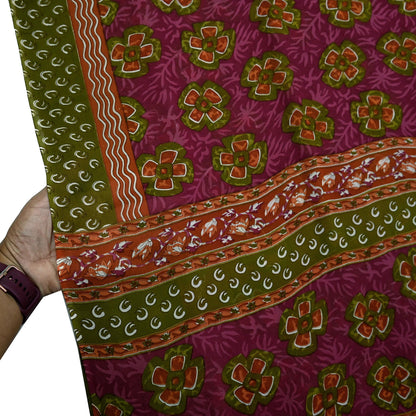 Women Vintage Sari Green & Pink Pure Georgette Silk Printed Saree Craft Fabric Sewing 5Yd Soft Light Dress Making Floral Quilting Upcycle