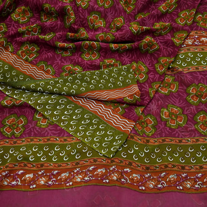 Women Vintage Sari Green & Pink Pure Georgette Silk Printed Saree Craft Fabric Sewing 5Yd Soft Light Dress Making Floral Quilting Upcycle