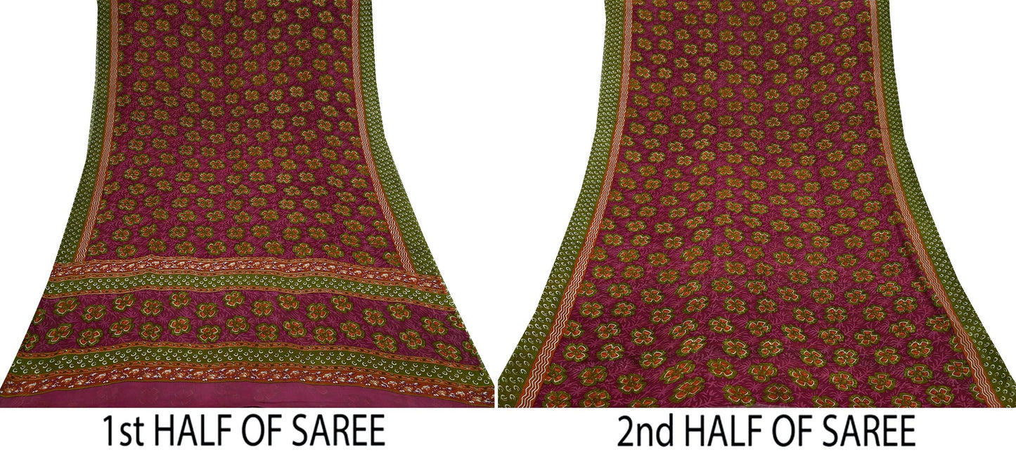 Women Vintage Sari Green & Pink Pure Georgette Silk Printed Saree Craft Fabric Sewing 5Yd Soft Light Dress Making Floral Quilting Upcycle