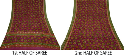Women Vintage Sari Green & Pink Pure Georgette Silk Printed Saree Craft Fabric Sewing 5Yd Soft Light Dress Making Floral Quilting Upcycle