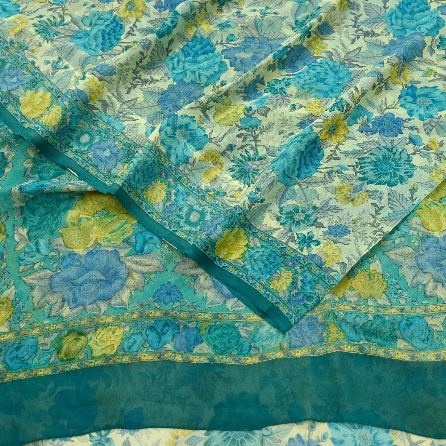 Women Vintage Sari Ivory & Green 100% Pure Georgette Silk Block Printed Saree Craft Fabric Sewing 5Yd Soft Dress Making Quilting Upcycle