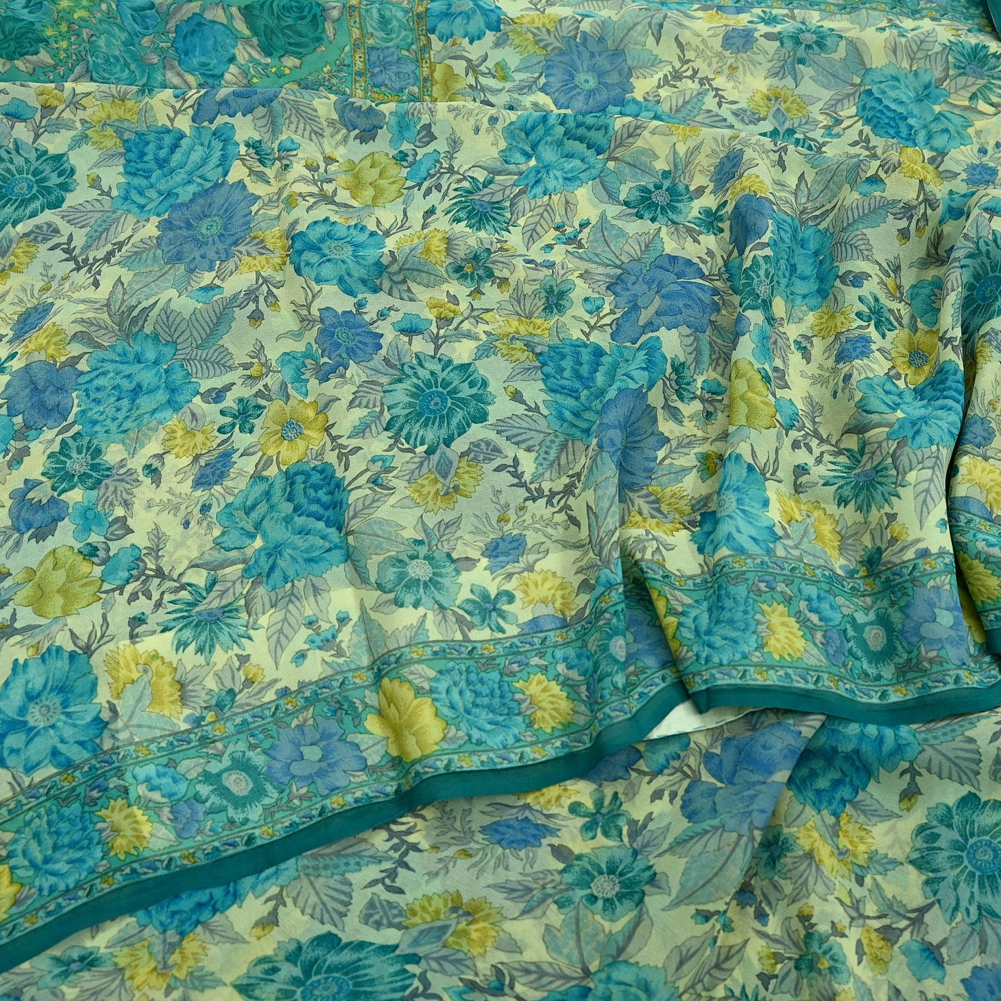 Women Vintage Sari Ivory & Green 100% Pure Georgette Silk Block Printed Saree Craft Fabric Sewing 5Yd Soft Dress Making Quilting Upcycle