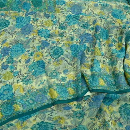 Women Vintage Sari Ivory & Green 100% Pure Georgette Silk Block Printed Saree Craft Fabric Sewing 5Yd Soft Dress Making Quilting Upcycle