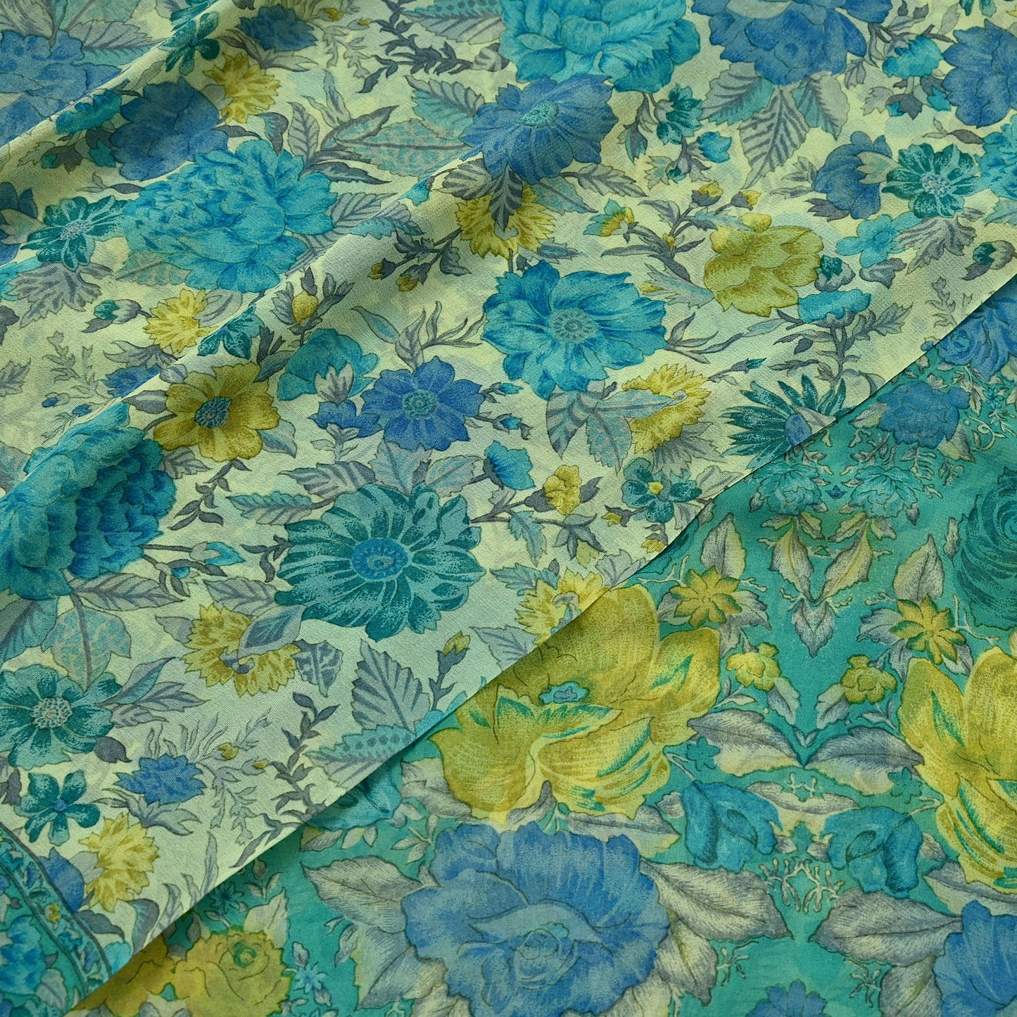 Women Vintage Sari Ivory & Green 100% Pure Georgette Silk Block Printed Saree Craft Fabric Sewing 5Yd Soft Dress Making Quilting Upcycle