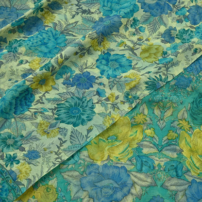 Women Vintage Sari Ivory & Green 100% Pure Georgette Silk Block Printed Saree Craft Fabric Sewing 5Yd Soft Dress Making Quilting Upcycle