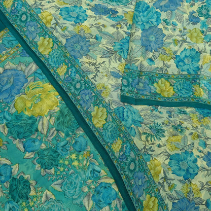 Women Vintage Sari Ivory & Green 100% Pure Georgette Silk Block Printed Saree Craft Fabric Sewing 5Yd Soft Dress Making Quilting Upcycle