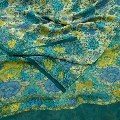 Women Vintage Sari Ivory & Green 100% Pure Georgette Silk Block Printed Saree Craft Fabric Sewing 5Yd Soft Dress Making Quilting Upcycle