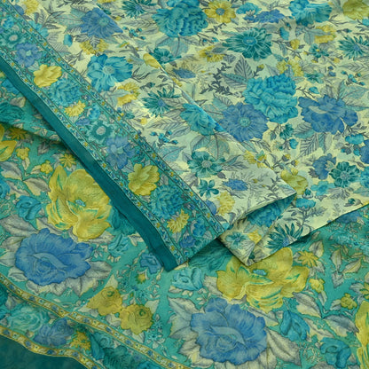 Women Vintage Sari Ivory & Green 100% Pure Georgette Silk Block Printed Saree Craft Fabric Sewing 5Yd Soft Dress Making Quilting Upcycle