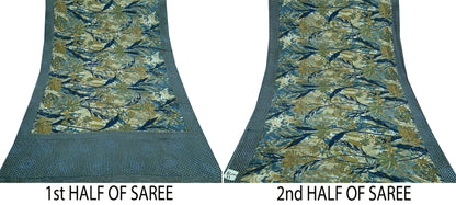 Indian Vintage Sari Blue Pure Silk Printed Sarees 5yd Sewing Craft Fabric Soft Dress Making Wrap Paisley Upcycle Quilting Crafting
