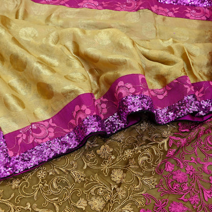 Indian Vintage Sari Black & Beige Pure  Silk Net Hand Beaded Sarees Fabric 6Yd Sewing Ethnic Dress making Quilting Bollywood