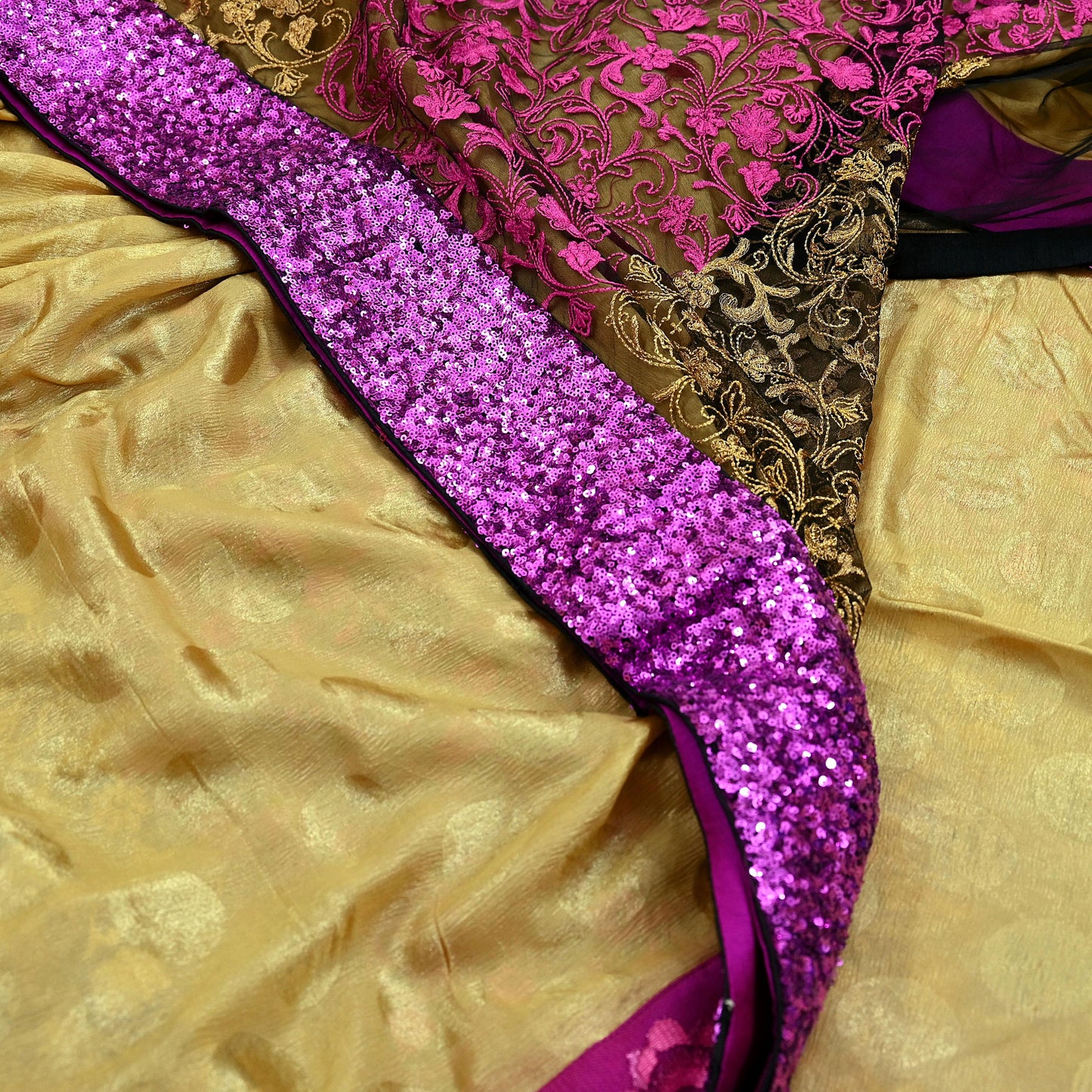 Indian Vintage Sari Black & Beige Pure  Silk Net Hand Beaded Sarees Fabric 6Yd Sewing Ethnic Dress making Quilting Bollywood