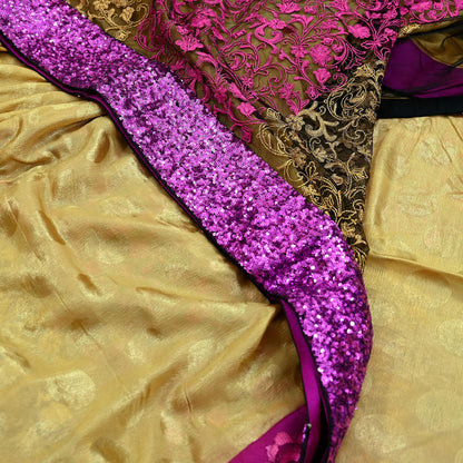 Indian Vintage Sari Black & Beige Pure  Silk Net Hand Beaded Sarees Fabric 6Yd Sewing Ethnic Dress making Quilting Bollywood