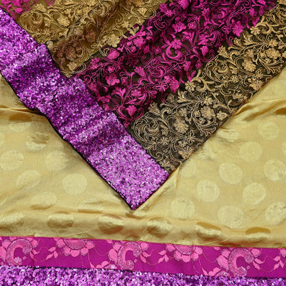 Indian Vintage Sari Black & Beige Pure  Silk Net Hand Beaded Sarees Fabric 6Yd Sewing Ethnic Dress making Quilting Bollywood