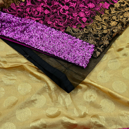 Indian Vintage Sari Black & Beige Pure  Silk Net Hand Beaded Sarees Fabric 6Yd Sewing Ethnic Dress making Quilting Bollywood