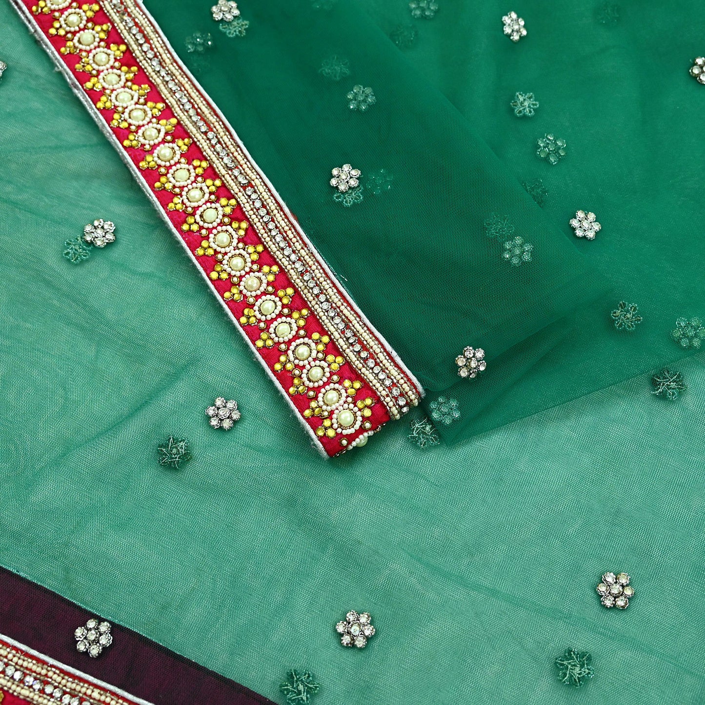 Indian Vintage Heavy Bridal Dupatta Green Net Mesh Long Stole Hand Embroidered Scarf Zardozi Zari Sequins Wedding/Party wear hijab veil