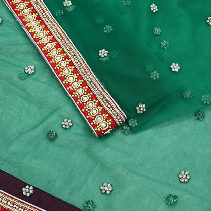 Indian Vintage Heavy Bridal Dupatta Green Net Mesh Long Stole Hand Embroidered Scarf Zardozi Zari Sequins Wedding/Party wear hijab veil