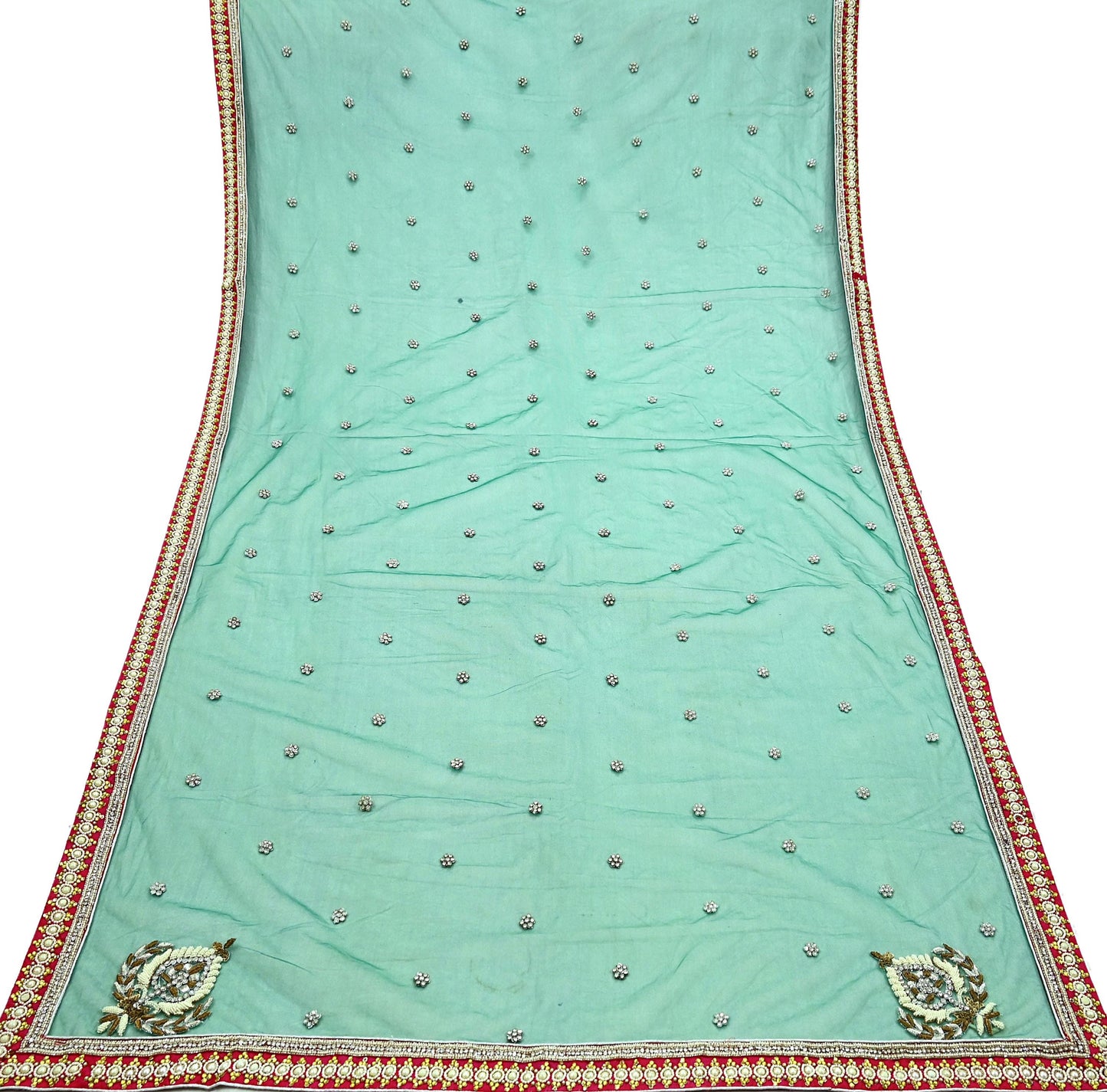 Indian Vintage Heavy Bridal Dupatta Green Net Mesh Long Stole Hand Embroidered Scarf Zardozi Zari Sequins Wedding/Party wear hijab veil