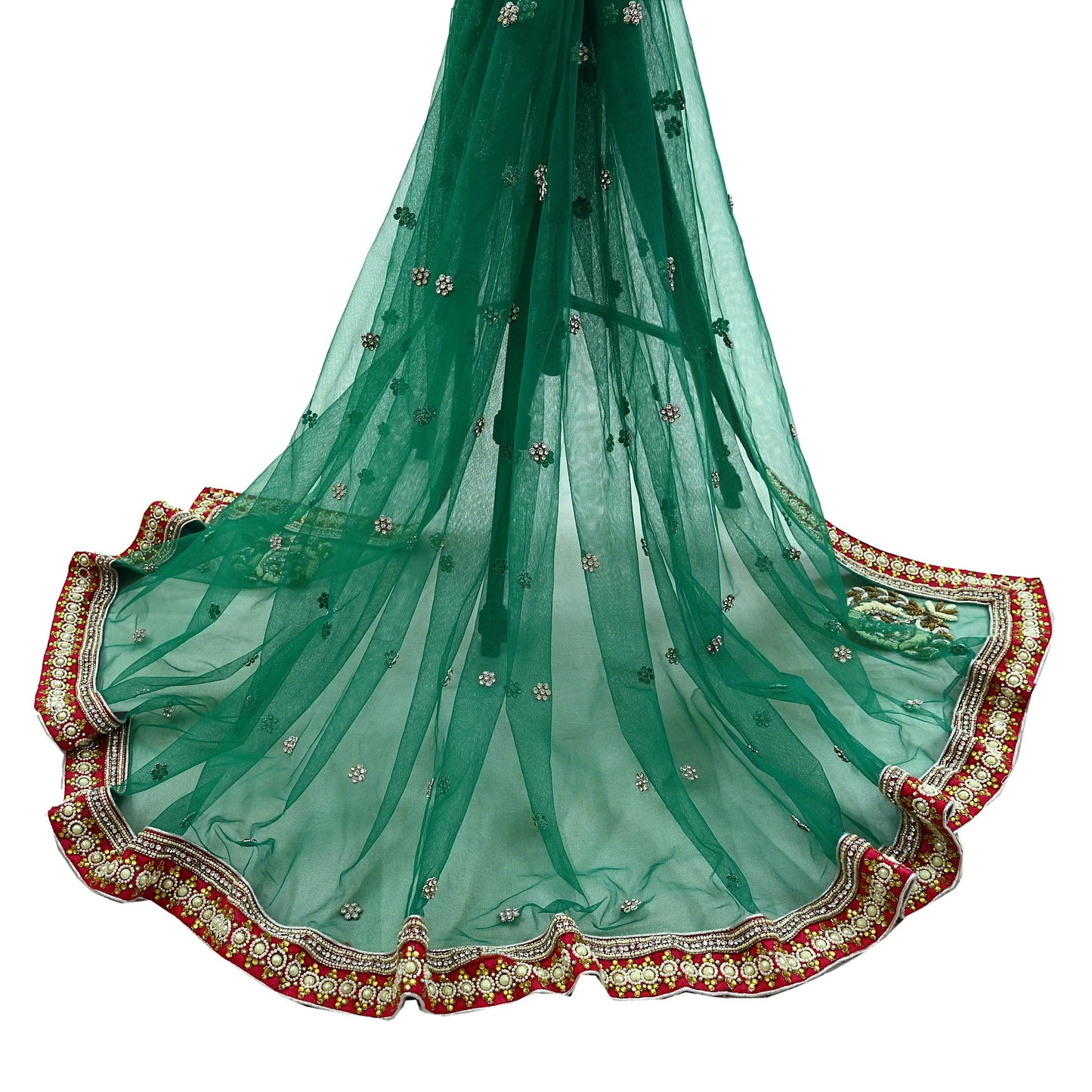 Indian Vintage Heavy Bridal Dupatta Green Net Mesh Long Stole Hand Embroidered Scarf Zardozi Zari Sequins Wedding/Party wear hijab veil