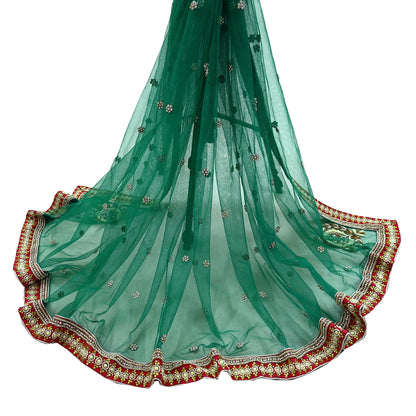 Indian Vintage Heavy Bridal Dupatta Green Net Mesh Long Stole Hand Embroidered Scarf Zardozi Zari Sequins Wedding/Party wear hijab veil