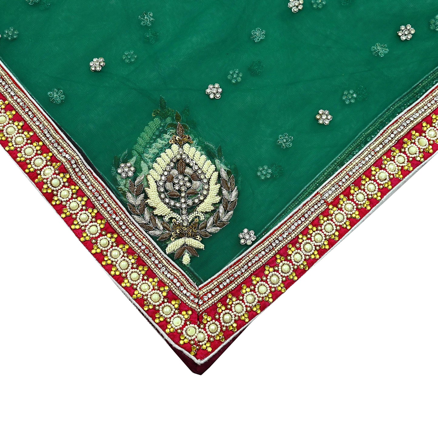 Indian Vintage Heavy Bridal Dupatta Green Net Mesh Long Stole Hand Embroidered Scarf Zardozi Zari Sequins Wedding/Party wear hijab veil