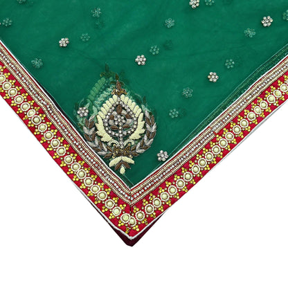 Indian Vintage Heavy Bridal Dupatta Green Net Mesh Long Stole Hand Embroidered Scarf Zardozi Zari Sequins Wedding/Party wear hijab veil