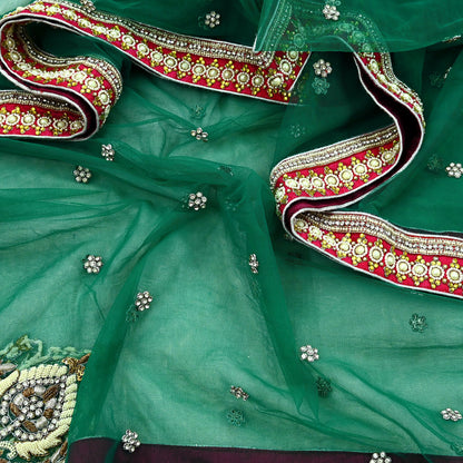 Indian Vintage Heavy Bridal Dupatta Green Net Mesh Long Stole Hand Embroidered Scarf Zardozi Zari Sequins Wedding/Party wear hijab veil